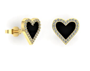 Gold heart earrings with diamonds, 14k Gold tiny dainty black heart earrings with enamel, gifts for her, Made in Israel