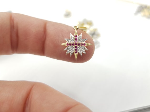 14K イエロー ゴールド ベツレヘムの星 クロス ペンダント 天然ルビー 