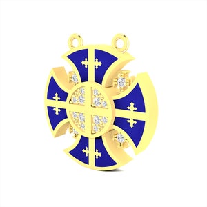 14K Gold Jerusalem Cross Pendant Necklace, 16 Real Natural Diamonds 0.20 TCW, Jewish Pendant, Round Crusaders Cross Pendant with Blue Enamel