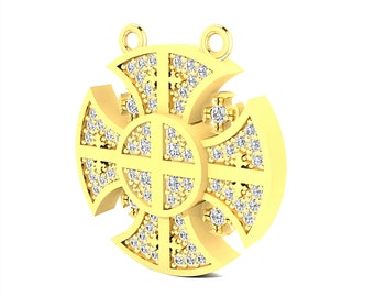 14k Gold JERUSALEM CROSS Round Pendant Necklace, Pave Set with 65 Natural Diamonds 0.55 TCW, 14K Gold Religious Jewelry