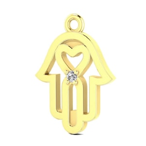 Hamsa Hand with Heart Pendant Necklace with 1 Natural Diamond, Solid 14K Gold Protection Pendant, Hand of Fatima Pendant