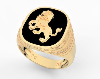 14K Gold Lion Ring With 52 Real Natural Diamonds 0.28 TCW, Mens Enamel Ring, Lion Statement Ring, Bar Mitzvah Gift Made in Israel