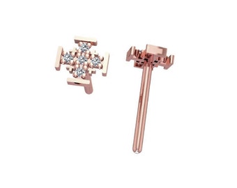 14K Gold Symbolic Earrings with 10 Natural Diamonds 0.05 TCW, Tiny Womens Earrings, Simple Hand Made Earrings Made in Israel, Jewish Jewelry