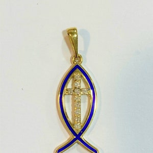 Enamel Fish Necklace with Jesus Cross - Solid 14K Gold, 10 Natural Diamonds 0.11 TCW, Ichthys Christian Fish, Christian Jewelry