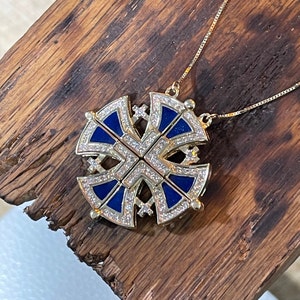 14K Gold Jerusalem Cross Pendant with Necklace Chain, 104 Natural Diamonds 0.80 CT with Blue Enamel that Opens and Closes