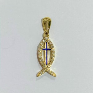 Ichthus pendant 14K Gold Dainty Enamel Cross in Jesus Fish Pendant Necklace, 24 Natural Diamonds 0.17 TCW, Fish Charm, Christian Jewelry