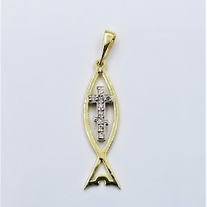 14k Gold  Icthus Fish Cross Necklace with Cross Pendant, 9 Natural Diamonds, Christian Jewelry, Jesus Fish Jewelry, Christian Fish