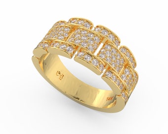 Watchband Style Men Ring, 14k Gold Band Men Ring, 1.23 Diamonds carat