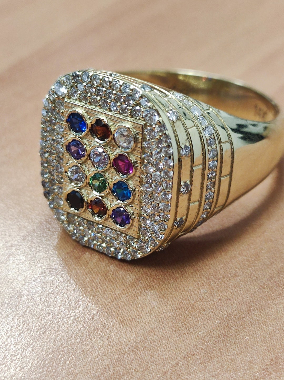 Jewish Diamond Rings Gold Diamond Ring With Colorful Gems - Jewish Unique 14k Gold Ring ...