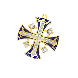 14K Gold JERUSALEM CROSS Pendant Necklace, 29 Natural Diamonds 0.41 TCW, Blue Enamel, Israeli Jewelry, Religious Necklace, Diamond Necklace