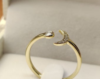Halvmåne, himmelsk ring Månring 5 naturliga diamanter 0,07 TCW, massivt 14K guld, unik manschettring, öppen ring