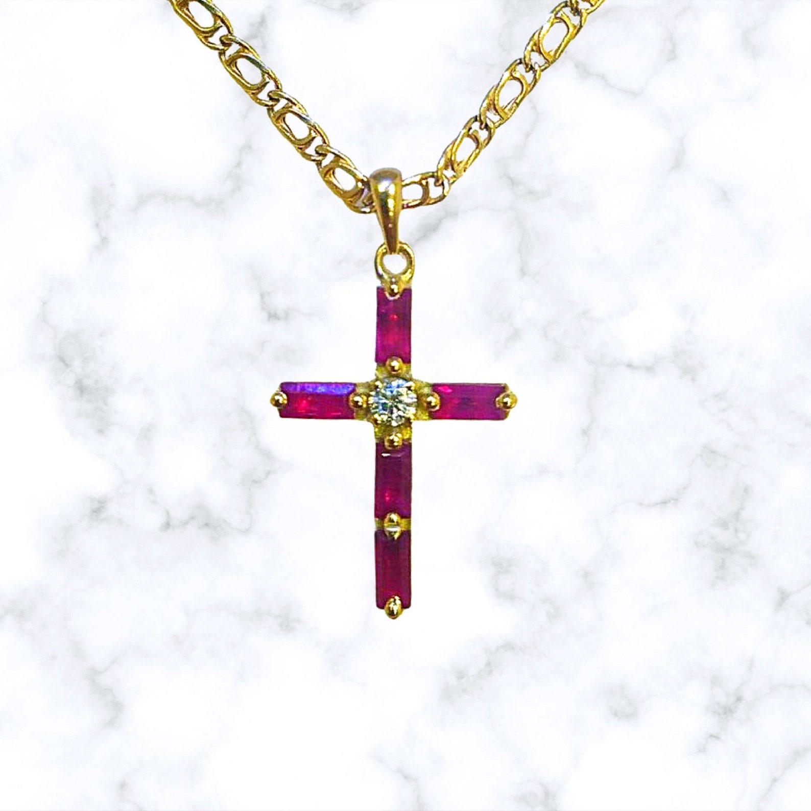 14K Yellow Gold RUBY CROSS Pendant Necklace 5 Natural Rubies | Etsy