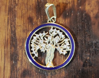 14K Yellow Gold Tree of Life Pendant Necklace with Enamel - Round Charm, 0.22 Carat, Jewish Jewelry with Blue Enamel, Religious Pendant