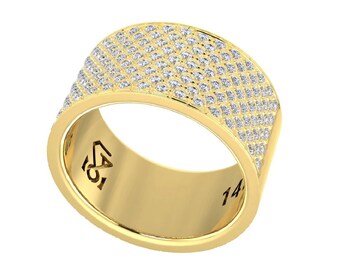 Cigar Band Ring, Wide Pave Diamond Ring, 140 Natural Diamonds 1.54 TCW, Solid 14K Gold, Wide Gold Band Ring, Cigar Ring, Made in Israel