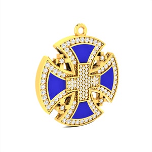Gold Jerusalem Cross, Diamond Cross Pendant, 121 Diamonds 1.2 carat, Blue Enamel Inlay, 14K Gold Religious Necklace, Symbolic Jewelry