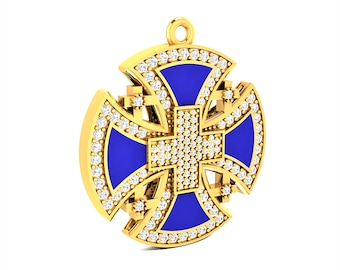 Gold Jerusalem Cross, Diamond Cross Pendant, 121 Diamonds 1.2 carat, Blue Enamel Inlay, 14K Gold Religious Necklace, Symbolic Jewelry