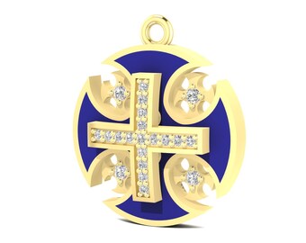JERUSALEM Cross Pendant Necklace in 14K Solid Gold  with 0.14 TCW Natural Diamonds Cross in the Middle and On Each of the 4 Crosslets