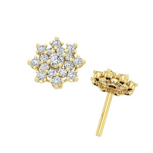 14K Gold with 34 real diamond floral earring for women, tiny flower earrings, pretty clip on earrings, rose gold flower earrings from Israel