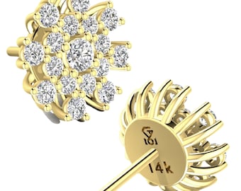 Cluster Earrings 14K Gold with 34 real natural diamonds 0.72 TCW for women, butterfly lock earrings, dainty diamond studs, rose gold jewelry