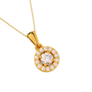 Gold Halo Diamond Pendant Necklace, 15 Real Natural Diamonds 0.19 TCW, Solid 14K Gold Necklace, Dainty Diamond Necklace, Girlfriend Gift