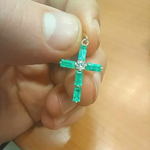 EMERALD CROSS Pendant Necklace, 5 Real Emerald Stones 1.04 TCW,  14K Gold Cross Necklace, Christian Jewelry