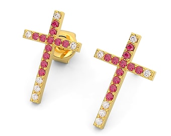14K Rose Gold Diamond Cross Earrings, Dainty Earrings, Jewelry for Women, Christian Jewelry Ruby Cross, Unique earrings, Made in Israel