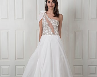 Wedding Dress, Chiffon Wedding Dress with Lace Top, Bespoke Bridal Dress, Beaded Dress, Bridal Gown, Custom Wedding Dress, Ivory Dress