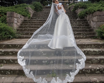 Ethereal Cathedral Length Veil with Lace Edge - Timeless Bridal Accessory for Weddings, Lace Veil, Bridal, Wedding, Headpiece for Brides