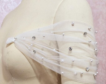 Rhinestone Pearl Tulle Detachable Bridal Sleeves, Off Shoulder Straps
