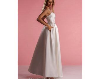 Boho Mikado Satin Wedding Dress, Elegant Handmade Mikado Satin Wedding Gown, Beach Wedding Dress, Pockets Dress, Bridal Dress, Ivory Dress