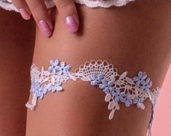 White and Blue Lace wedding garters for brides,  Floral lace garters with blue & white lace, blue gift for bride, flower garter for wedding