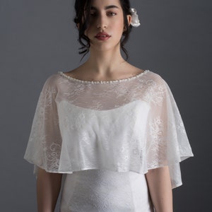 Wedding Cape, Romantic Wedding Bolero, Bridal Jacket made from Lace and Hand-embroidered with Pearls, Ivory Bridal Bolero,See Through Bolero