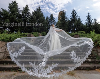 Single layer Tulle and Lace Cathedral Veil - Bridal Wedding Accessories, Delicate Bridal Veil, Long Lace Edge Veil, Handmade Wedding Veil