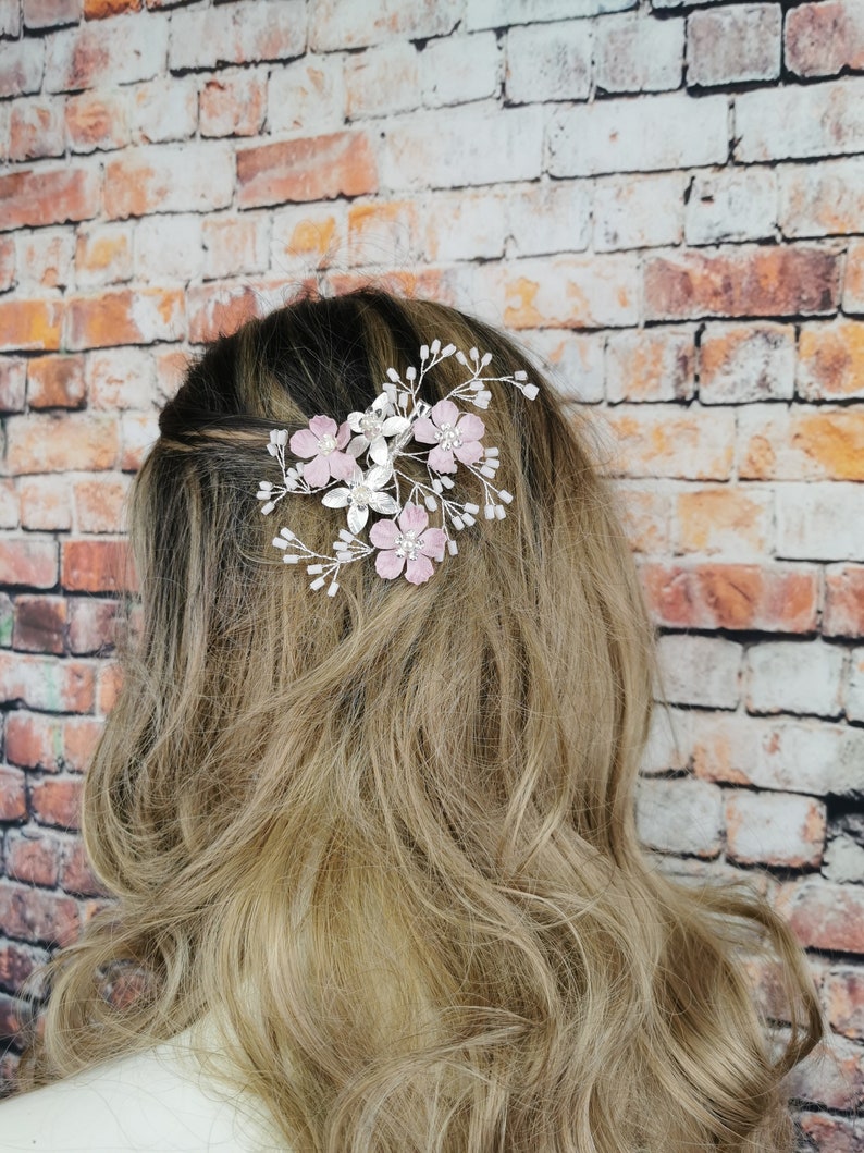 Blume Braut Haarspange, Blumen Hochzeit Haarspange, rosa Haarspange, Kristall Haarspange, Haarteil, Kristall Braut Clip, Braut Kopfschmuck Bild 5