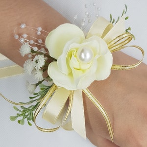 Wrist Corsage Rose Fabric Flower & Artificial Leaves with Satin Ribbon-Hand Flowers perfectly for Brides,Bridesmaids,Wedding Guests or Proms