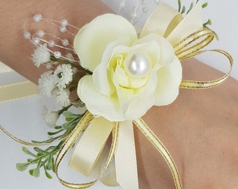 Wrist Corsage Rose Fabric Flower & Artificial Leaves with Satin Ribbon-Hand Flowers perfectly for Brides,Bridesmaids,Wedding Guests or Proms