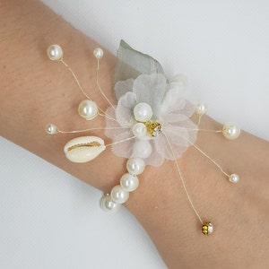 Wrist Corsage Green Leaf Rhinestone Flower with Pearl Bracelet - Hand Flowers perfectly for Brides, Bridesmaids, Wedding Guests or Proms
