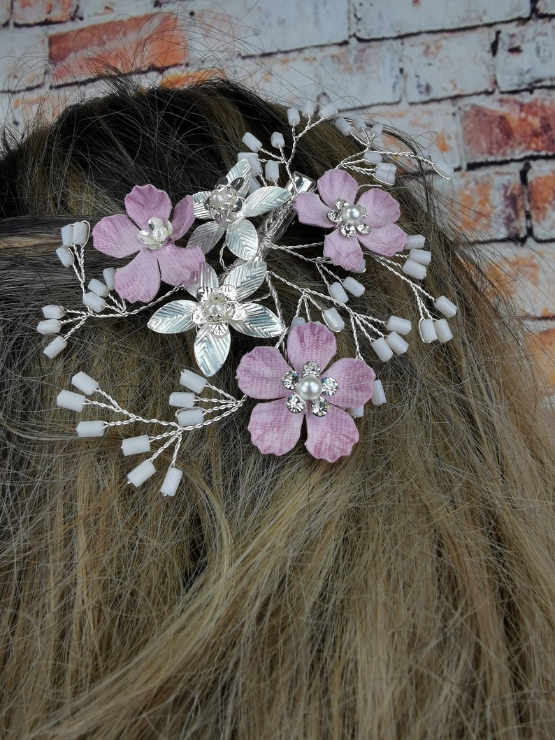 Blume Braut Haarspange, Blumen Hochzeit Haarspange, rosa Haarspange, Kristall Haarspange, Haarteil, Kristall Braut Clip, Braut Kopfschmuck Bild 3