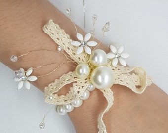 Wrist Corsage Crystal Pearl Flower with Pearl Bracelet -Hand Flowers perfectly for Brides, Gift for Bridesmaids, Wedding Guests or Proms