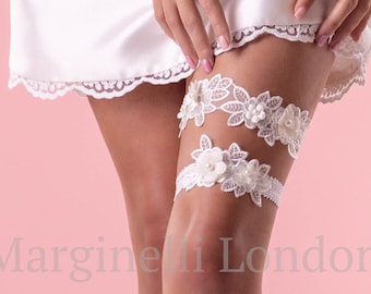3D Flower Lace wedding garters set for brides, Ivory Wedding garters set made with 3D Flower Lace, Handmade Ivory wedding garter bridal set