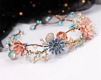 Bride Flower Crown, Wedding Crown, Tiara beaded baroque flower, Headband Crown, Boho Crown, wedding accessories, Headpiece, Bohemian Crown