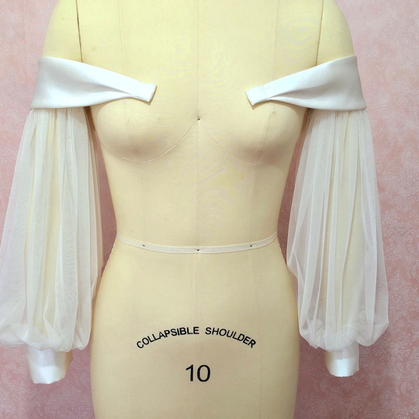 Avtagbara brudklänningsärmar, Långa brudärmar med satinband och manschetter, Långa klänningsärmar, Elfenbensfärgade brudärmar, Beställningssydd