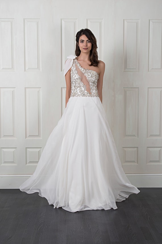 Wedding Dress, Chiffon Wedding Dress with Lace Top, Bespoke Bridal Dress, Beaded Dress, Bridal Gown, Custom Wedding Dress, Ivory Dress Wedding Dress, Chiffon Wedding Dress with Lace Top, Bespoke Bridal Dress, Beaded Dress, Bridal Gown, Custom Wedding Dress, Ivory Dress