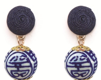 Blue Chinoiserie Bead Dangle Earrings: Grand Millennial Jewelry