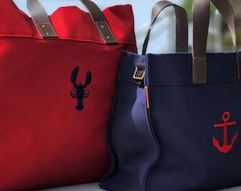 Lobster Tote Bag, Canvas Tote With Leather Handles, Canvas Bag Women,