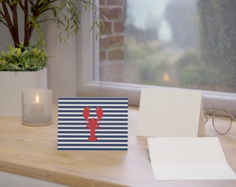 Lobster Note Cards With Navy Stripes