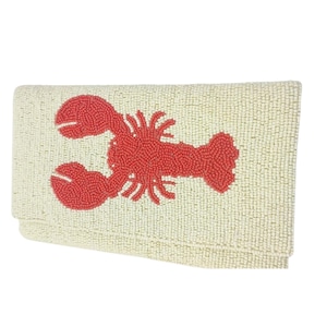 Summer Clutch, Summer Accessories, Crossbody Purse,  Cream and Red Lobster Clutch, Beaded Lobster Clutch