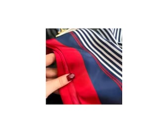 May include: Close-up of a red and blue striped fabric with a red stripe running diagonally across the fabric.