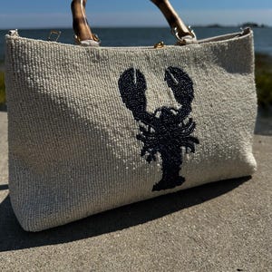 Cream Beaded Lobster Clutch – Coastal Purse with Bamboo Handles | Preppy Summer Bag, Beach Wedding, Nautical Gift for Her