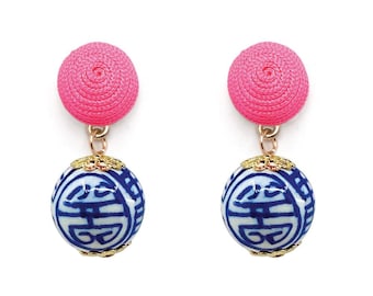 Pink Chinoiserie Drop Earrings, Grand Millennials Gifts, Blue and White Earrings,